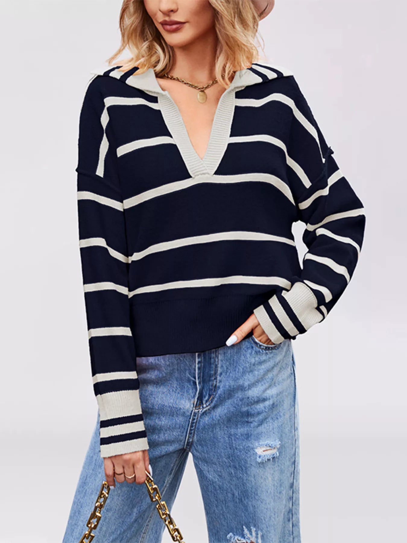 Trendsi Striped Johnny Collar Dropped Shoulder Sweater -