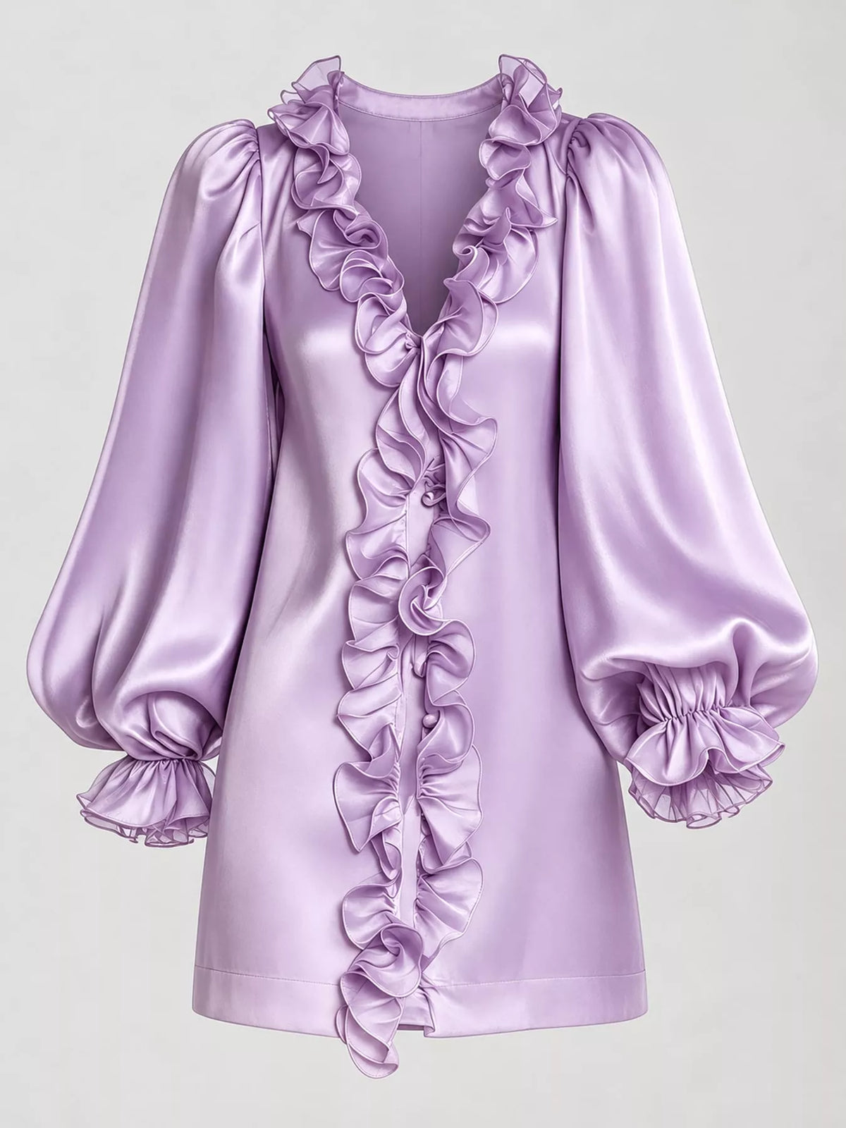Ruffle Trim Puff Sleeve Mini Dress in lavender, front view