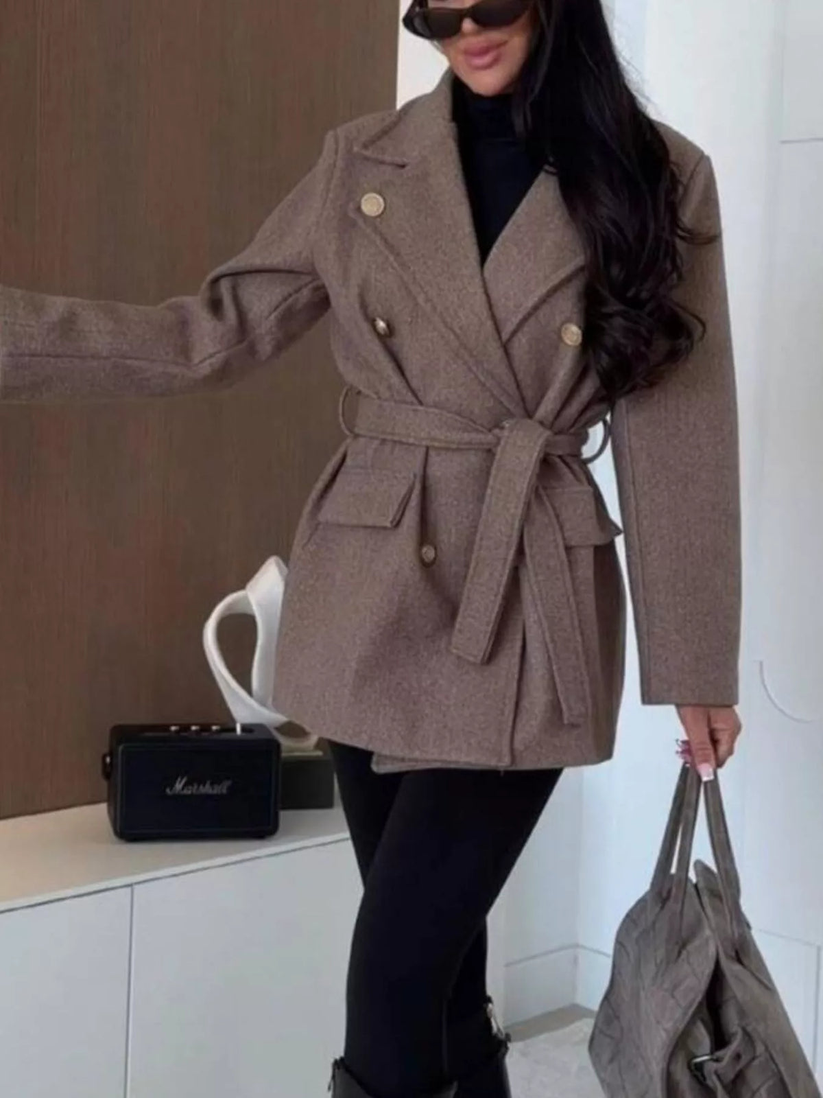 Mocha double-breasted belted wool-blend coat