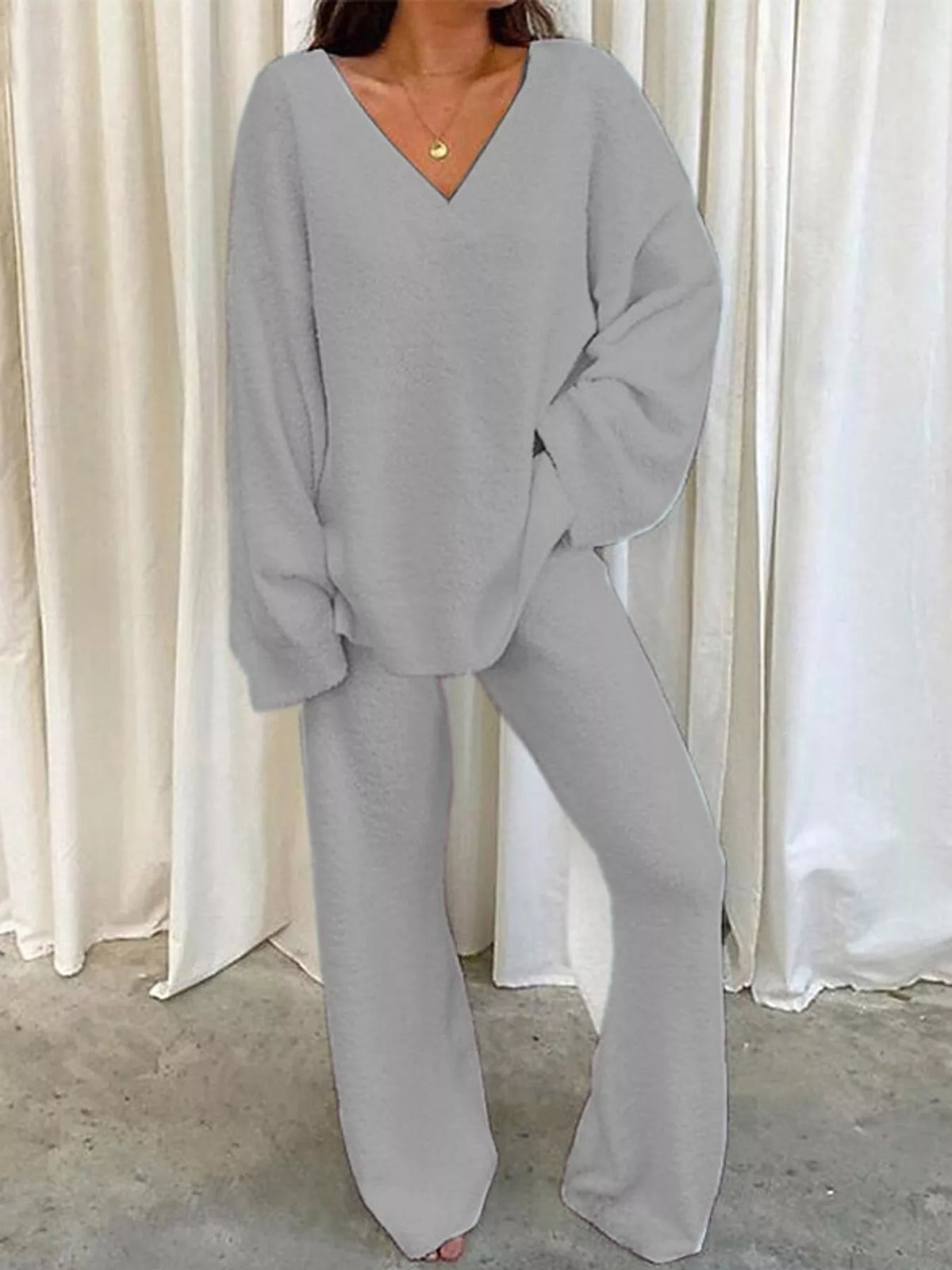 V-Neck Top and Wide Leg Pants Lounge Set in light gray
