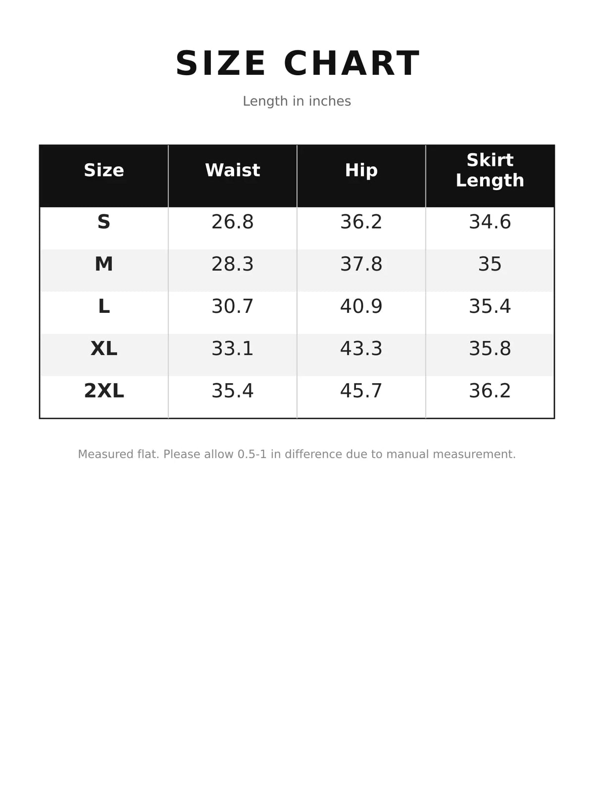 Size chart for fringe midi skirt