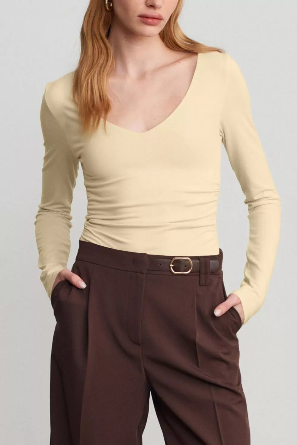 V-Neck Ruched T-Shirt in beige, front view