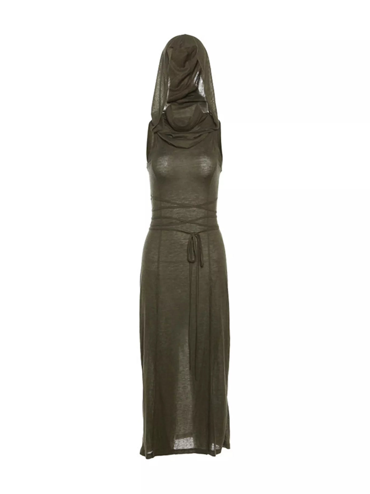 Olive green sleeveless high slit hooded maxi dress, front view