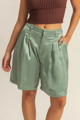 Trendsi HYFVE High-Waist Pleated Satin Shorts - Shorts