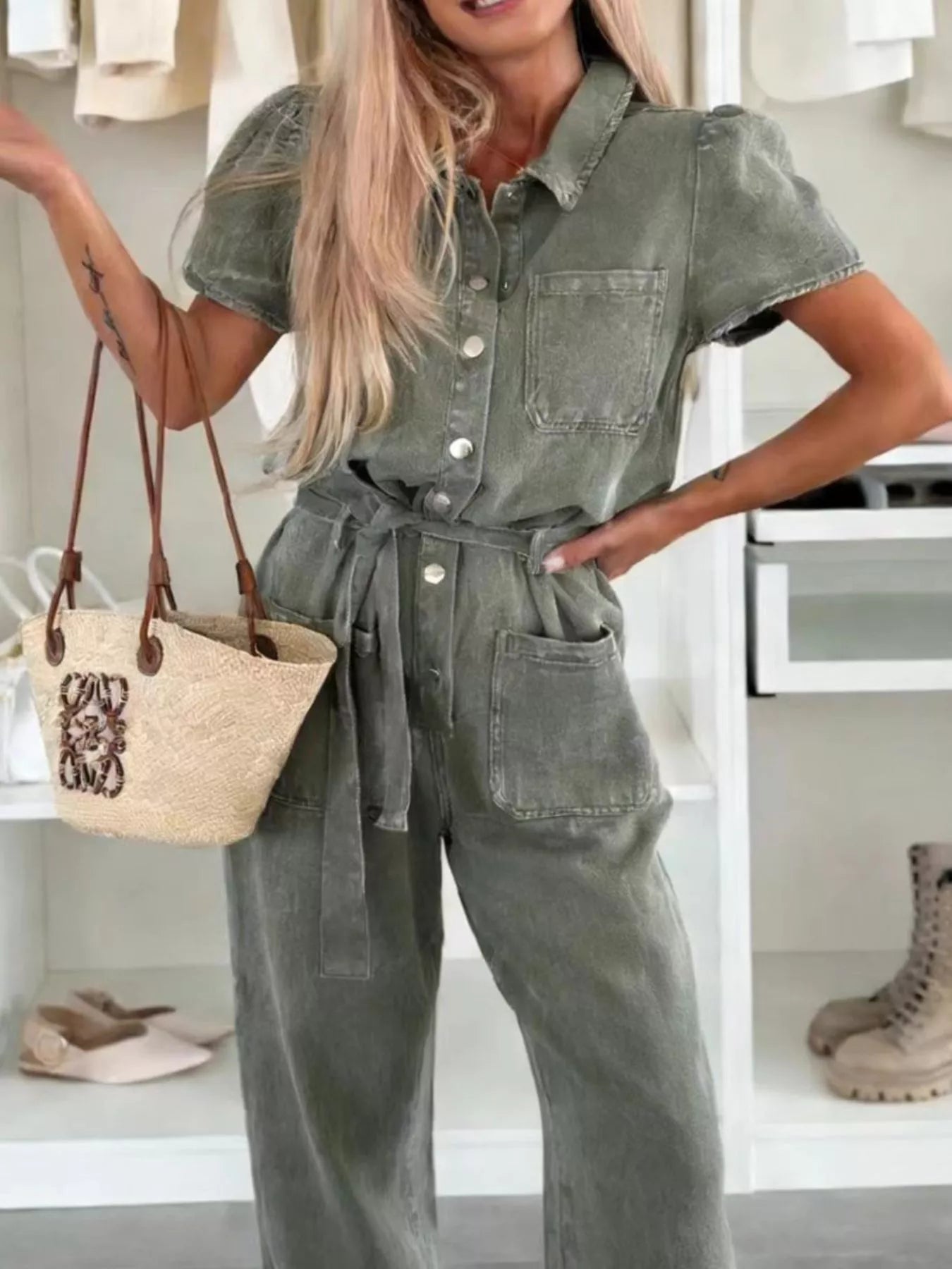 Trendsi Vintage Wash Short Sleeve Denim Jumpsuit -