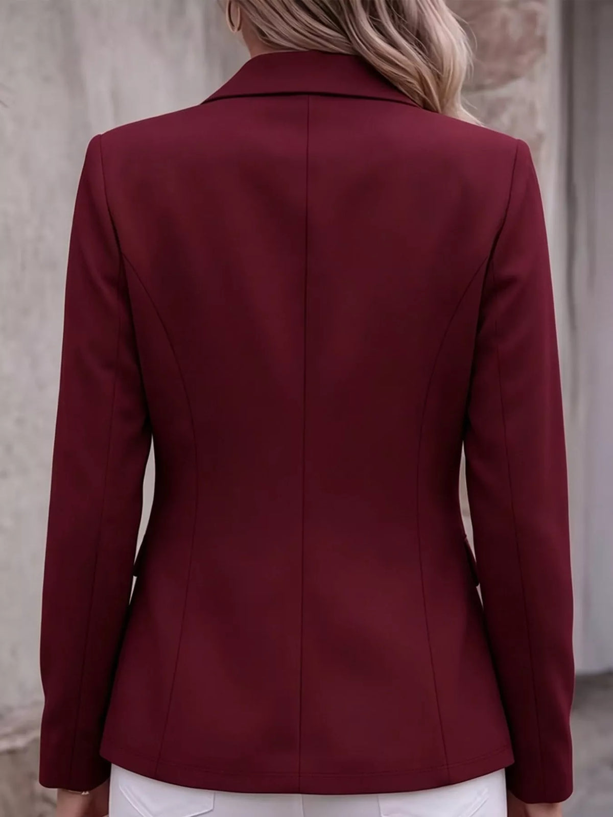 Collared long sleeve blazer, back view