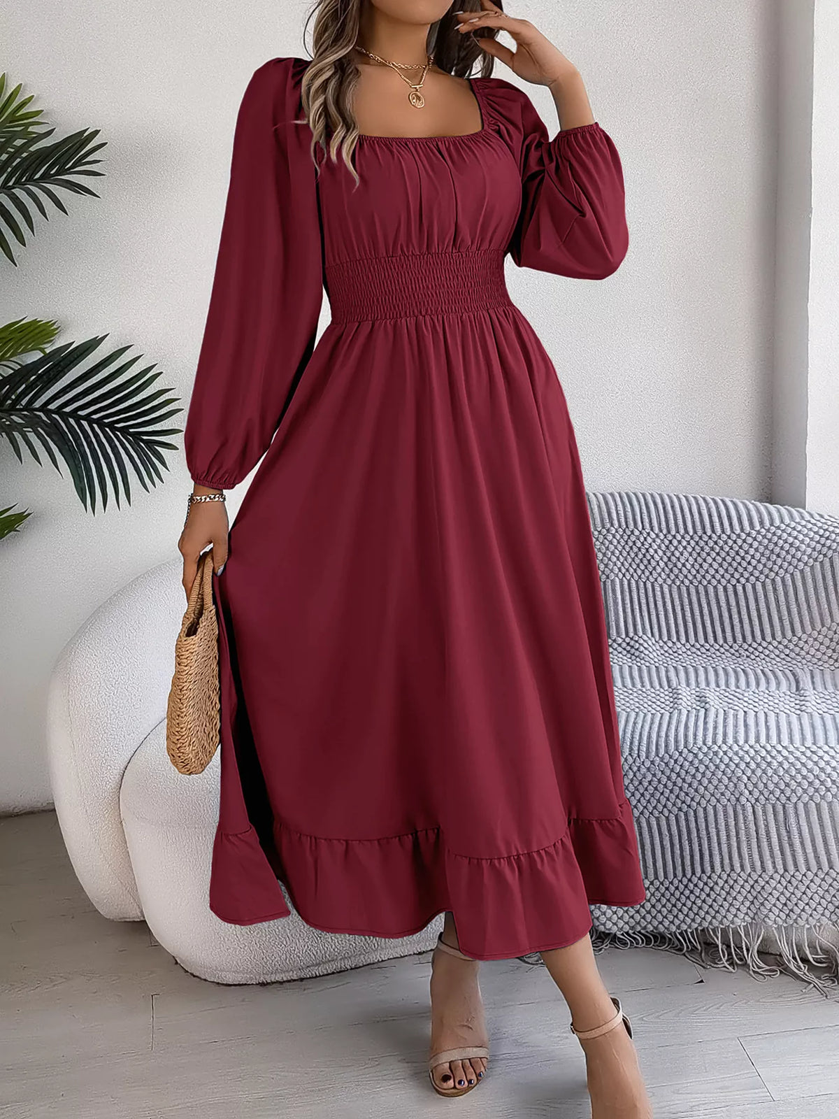 Khaki Color square neck smocked waist long sleeve midi dress