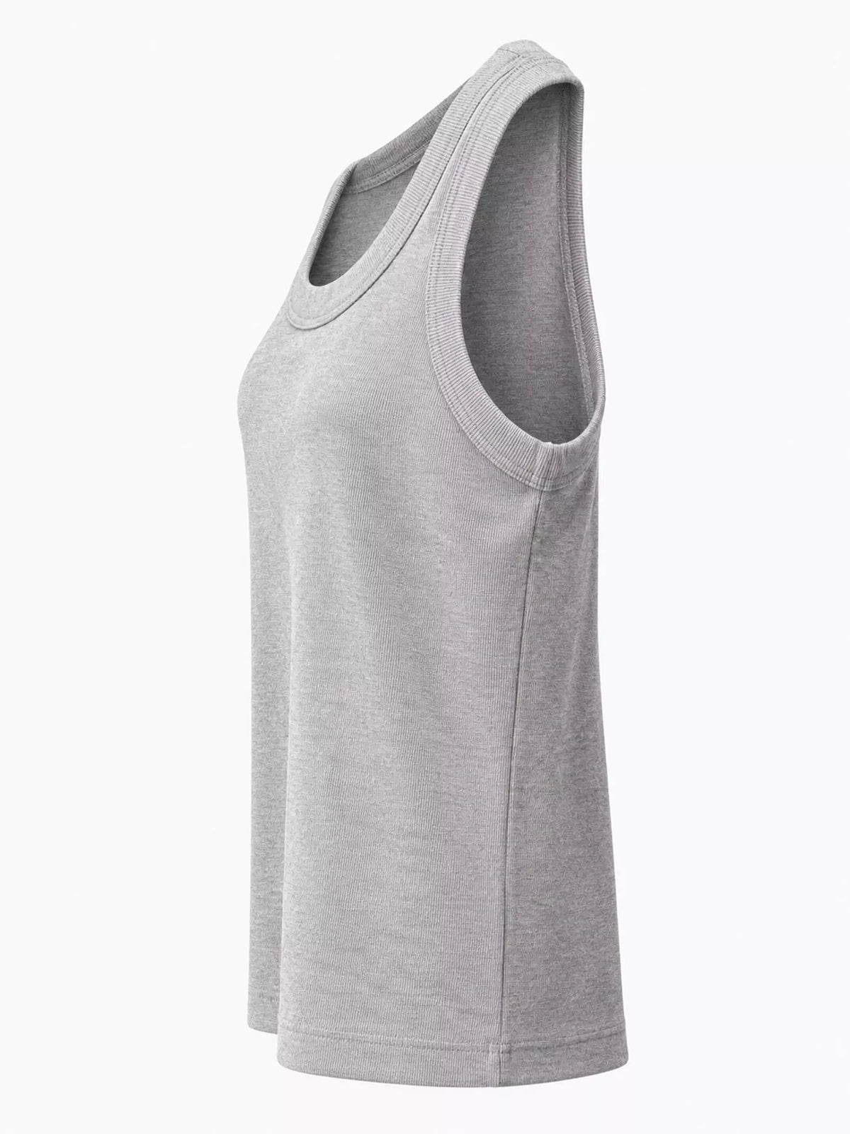 Gray scoop neck tank top, side view