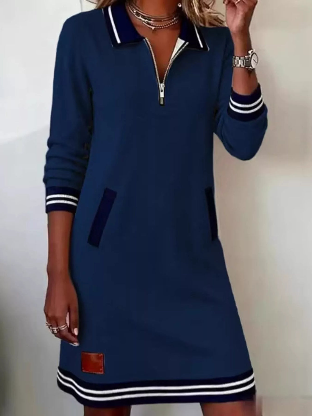Navy zip-up polo collar knit dress