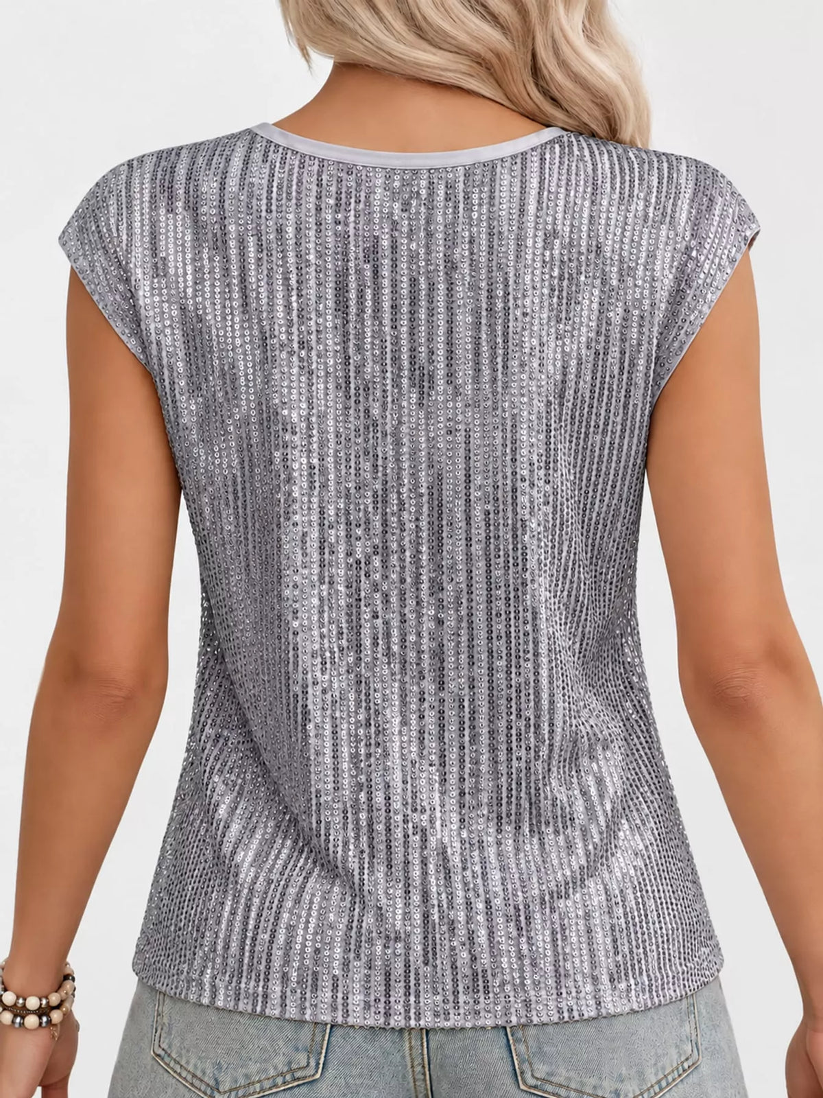 Silver sequin round neck tank, back view