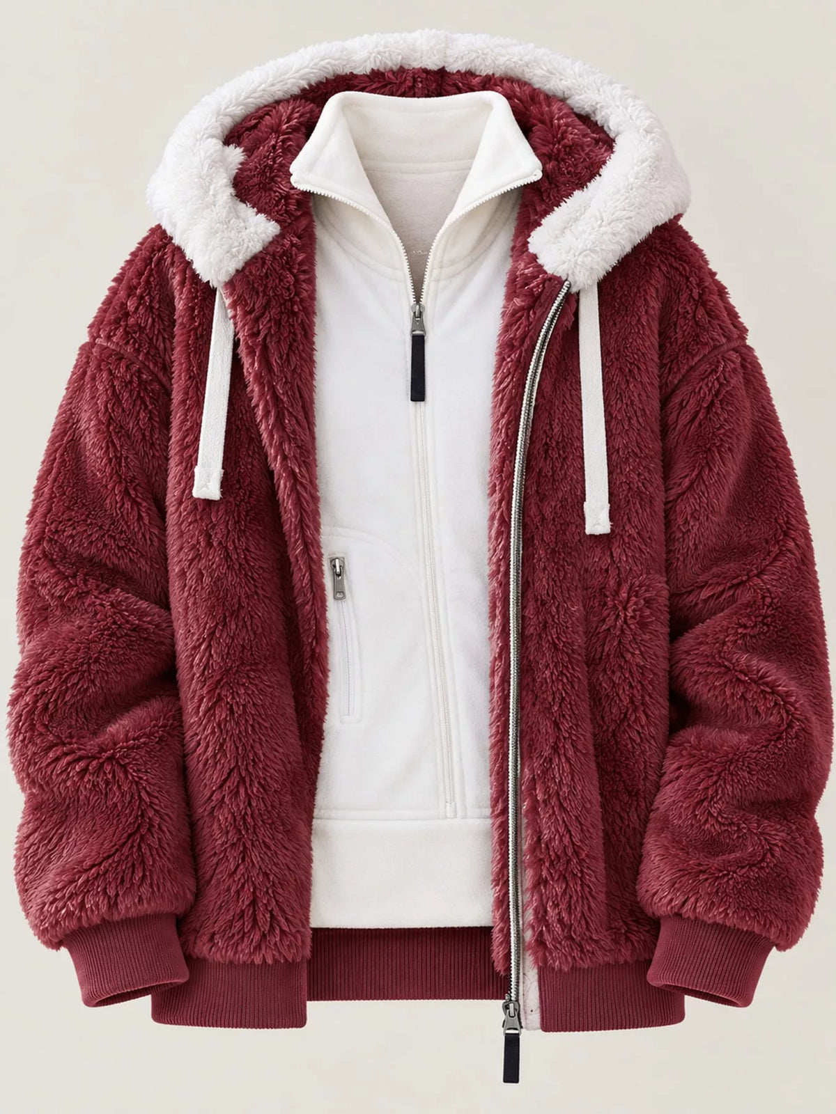 Burgundy with white hood trim faux fur zip up hooded jacket, front view