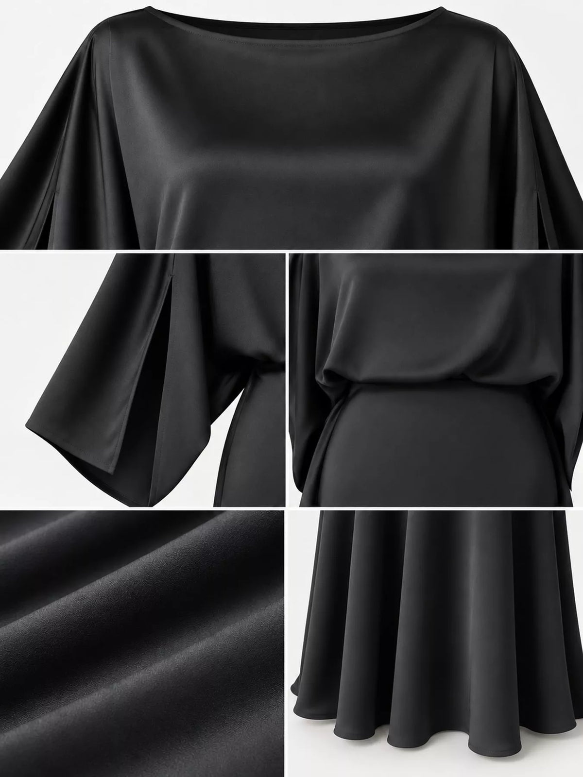 Black satin cape sleeve maxi dress, detail view
