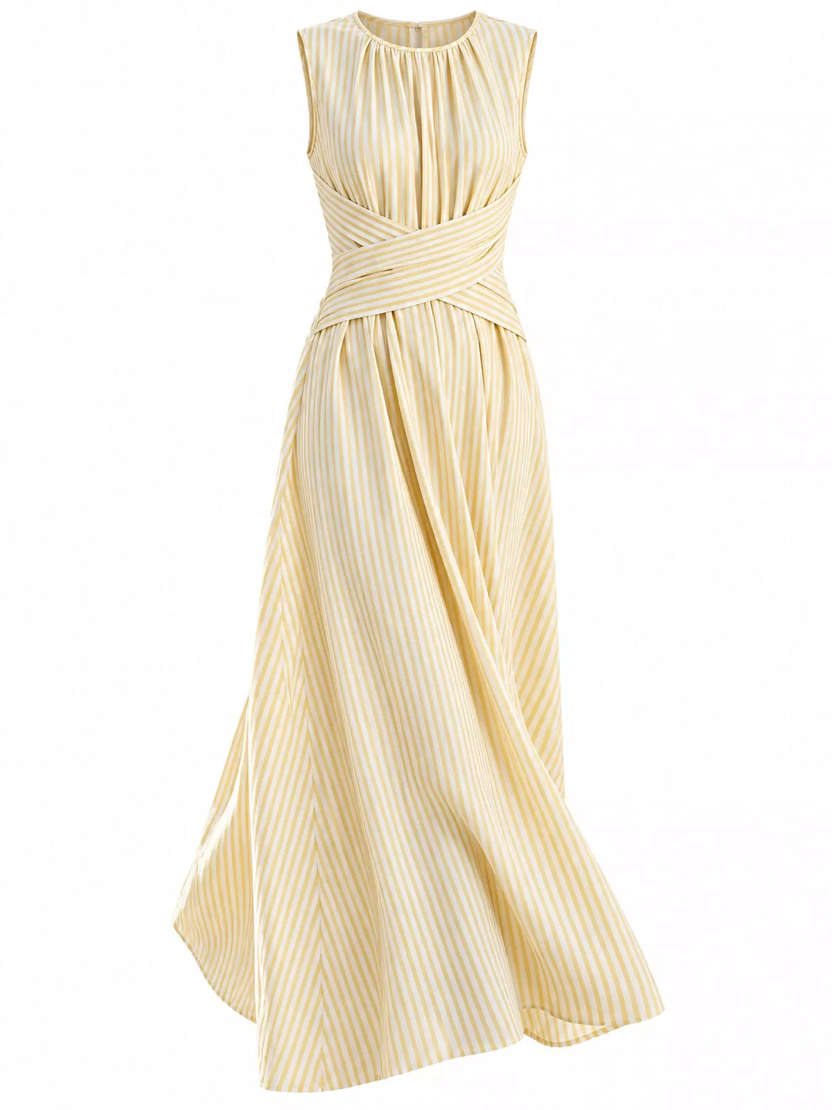 Women's Sleeveless Striped Maxi Dress with Criss-Cross Waist Detail in yellow striped — flat lay view