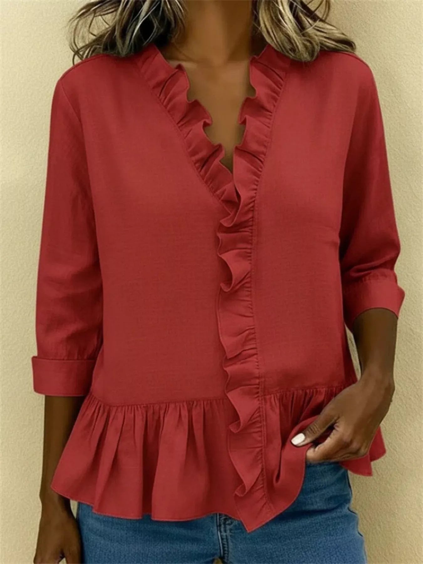 Trendsi Full Size Ruffled V-Neck Long Sleeve Blouse Plus Size -