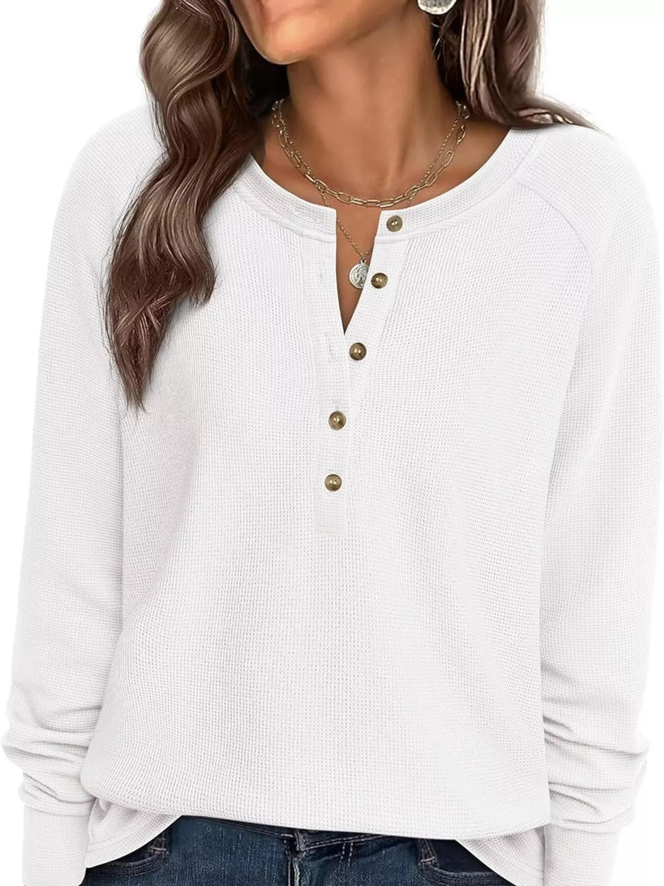 Trendsi Waffle Knit Henley Long Sleeve T-Shirt -
