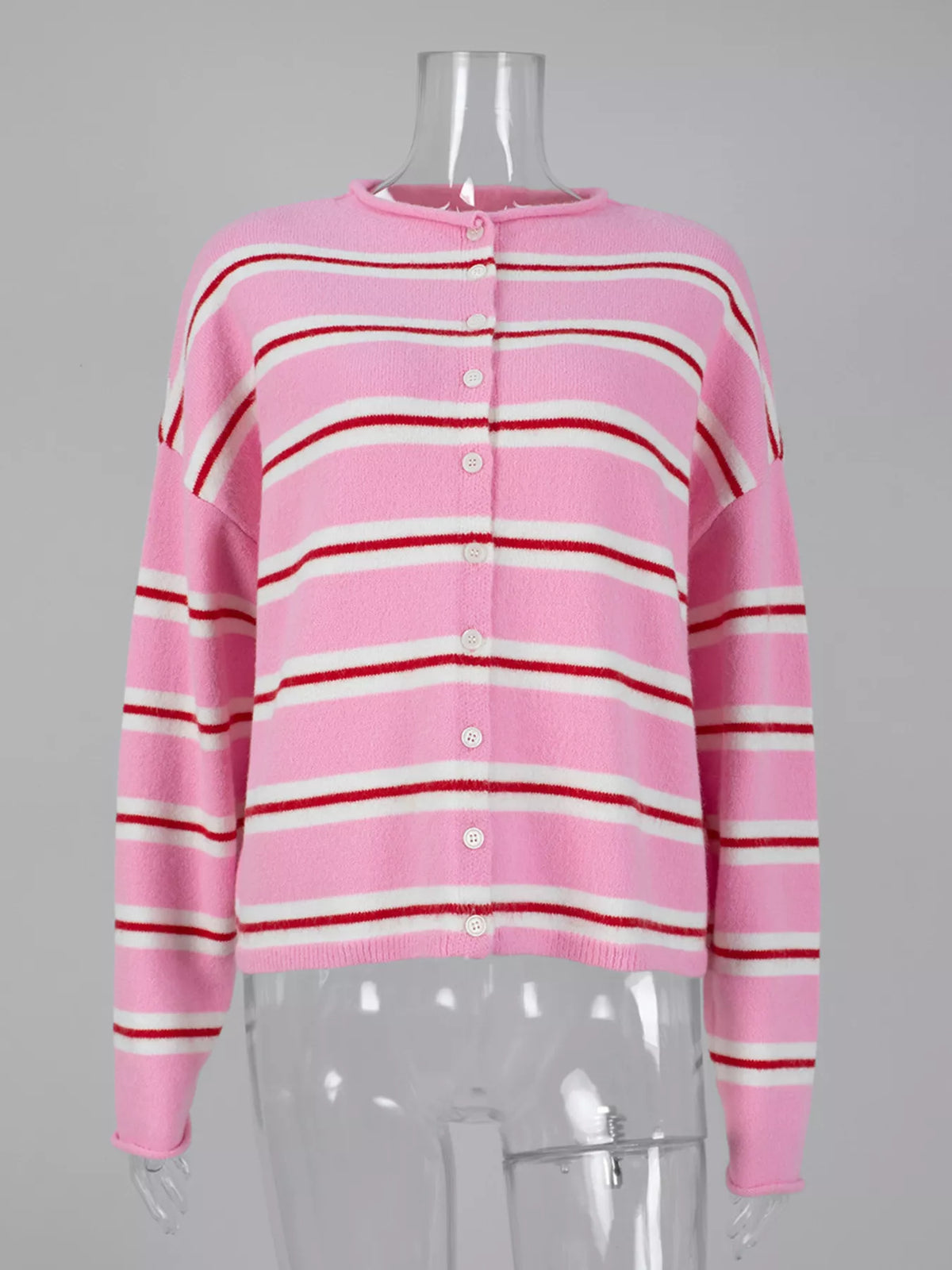Pink striped button-front cardigan, front view on mannequin