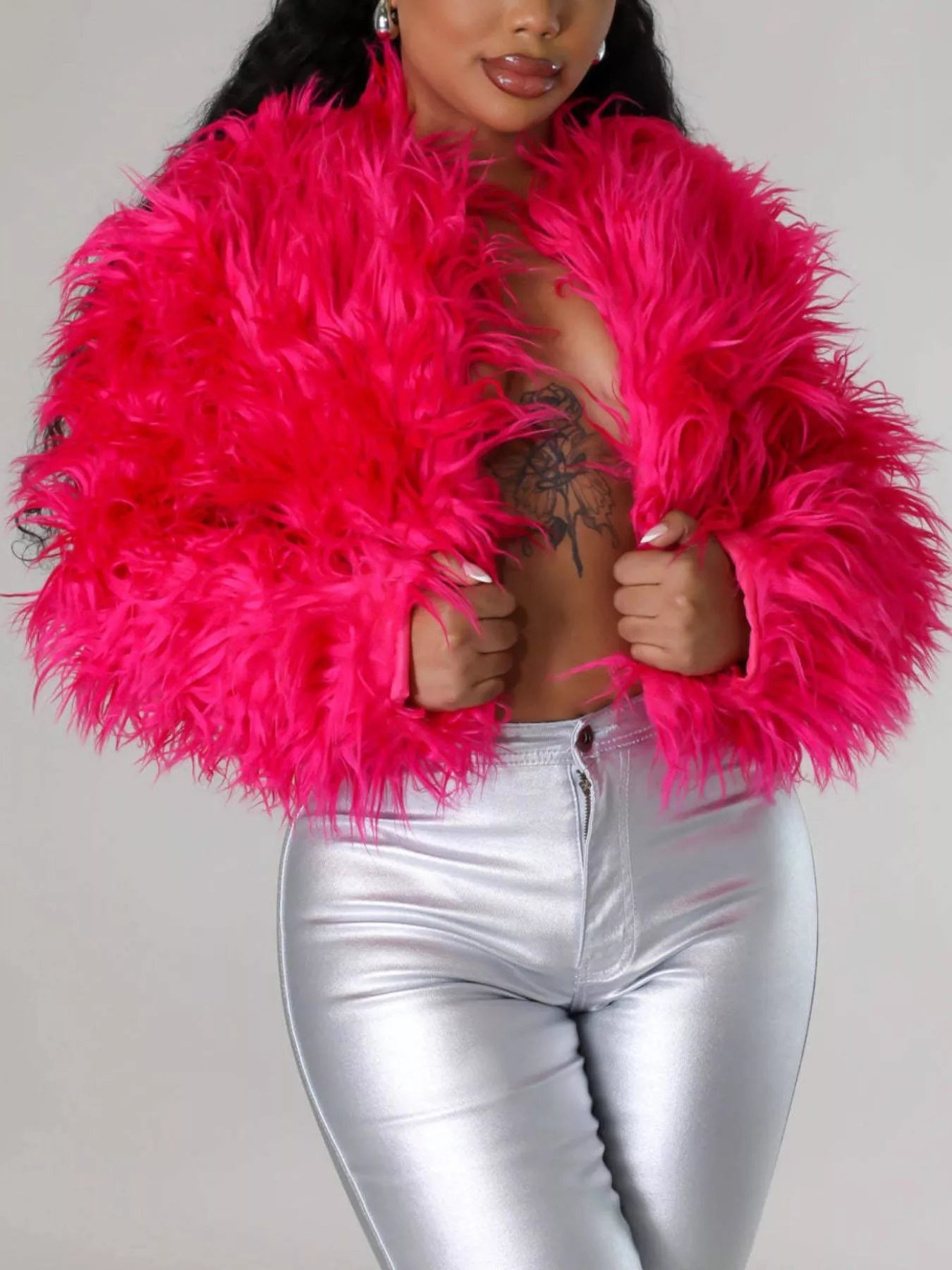 Trendsi Faux Fur Open Front Cropped Outerwear -