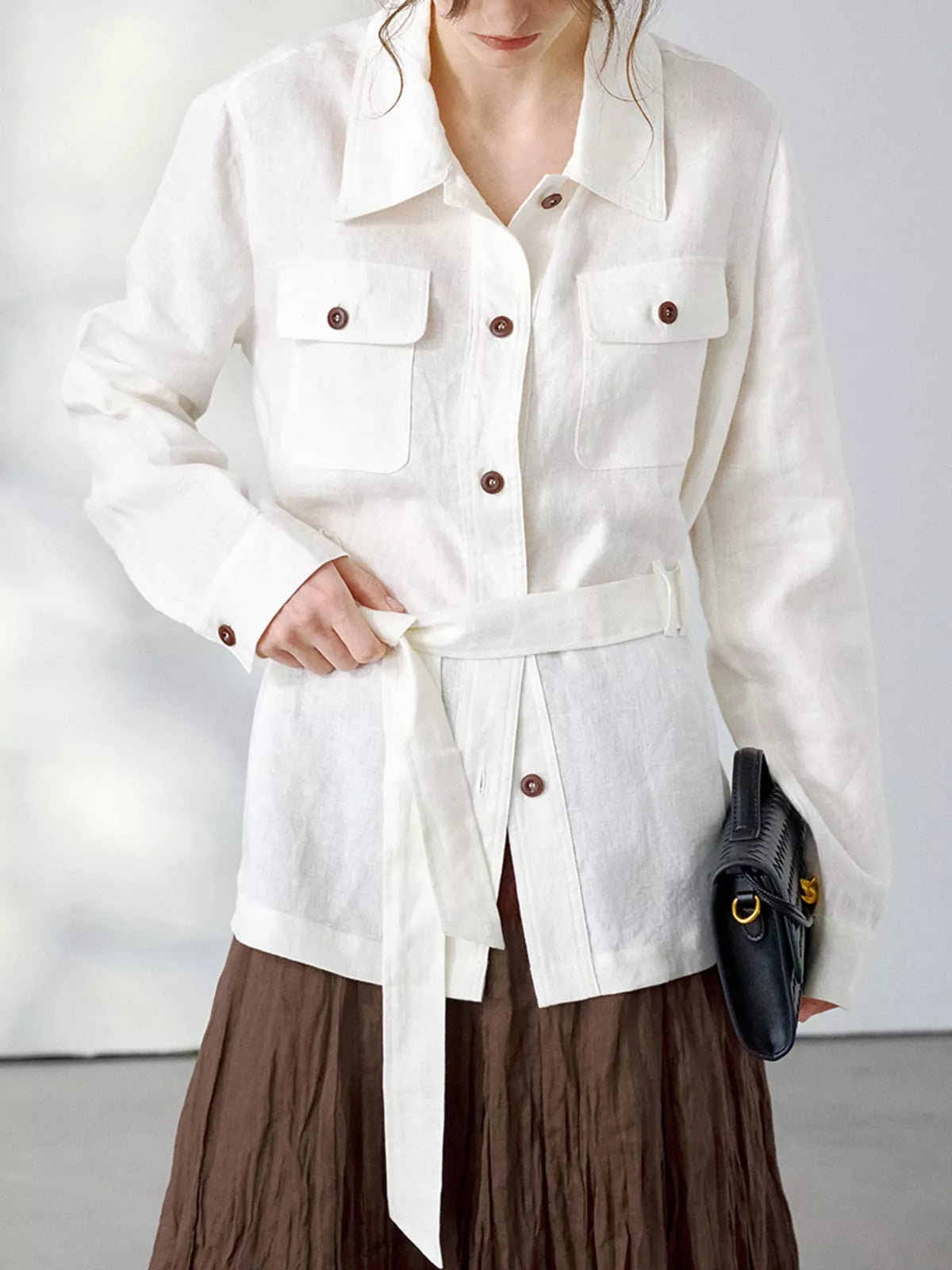 Belted shacket, white chest pockets front