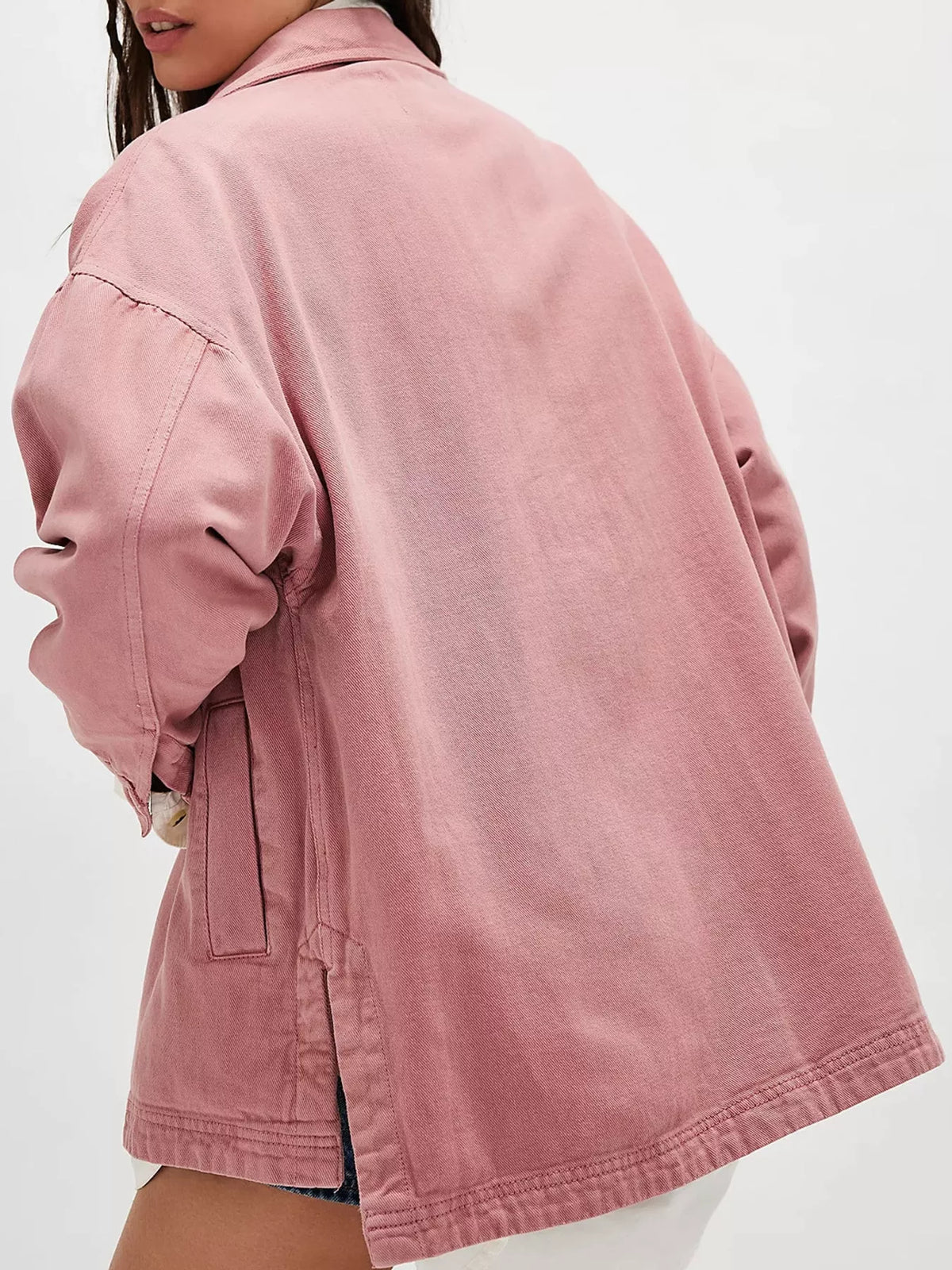 Pink button up long sleeve denim jacket, back view