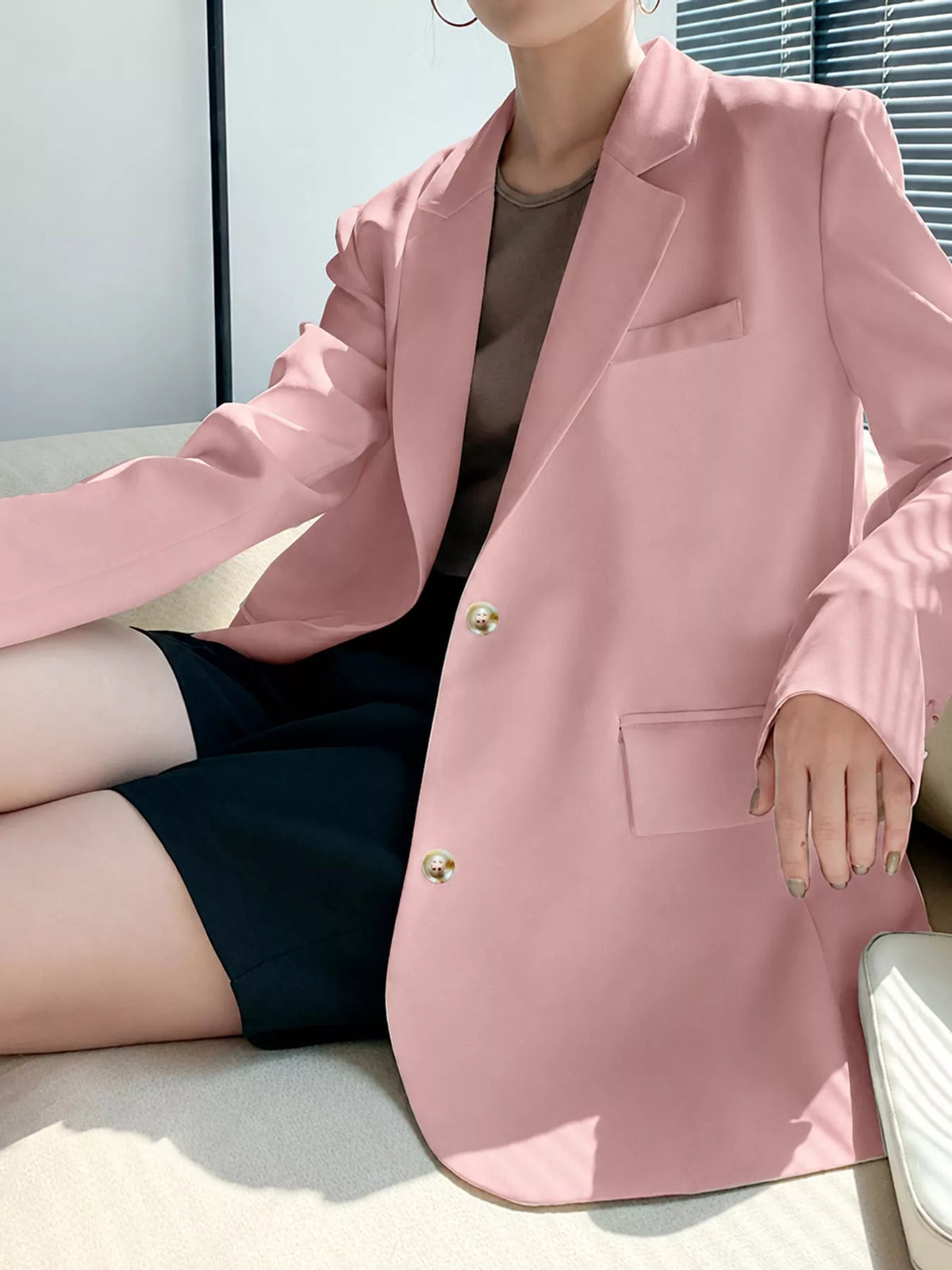 Collared long sleeve blazer, front view on model