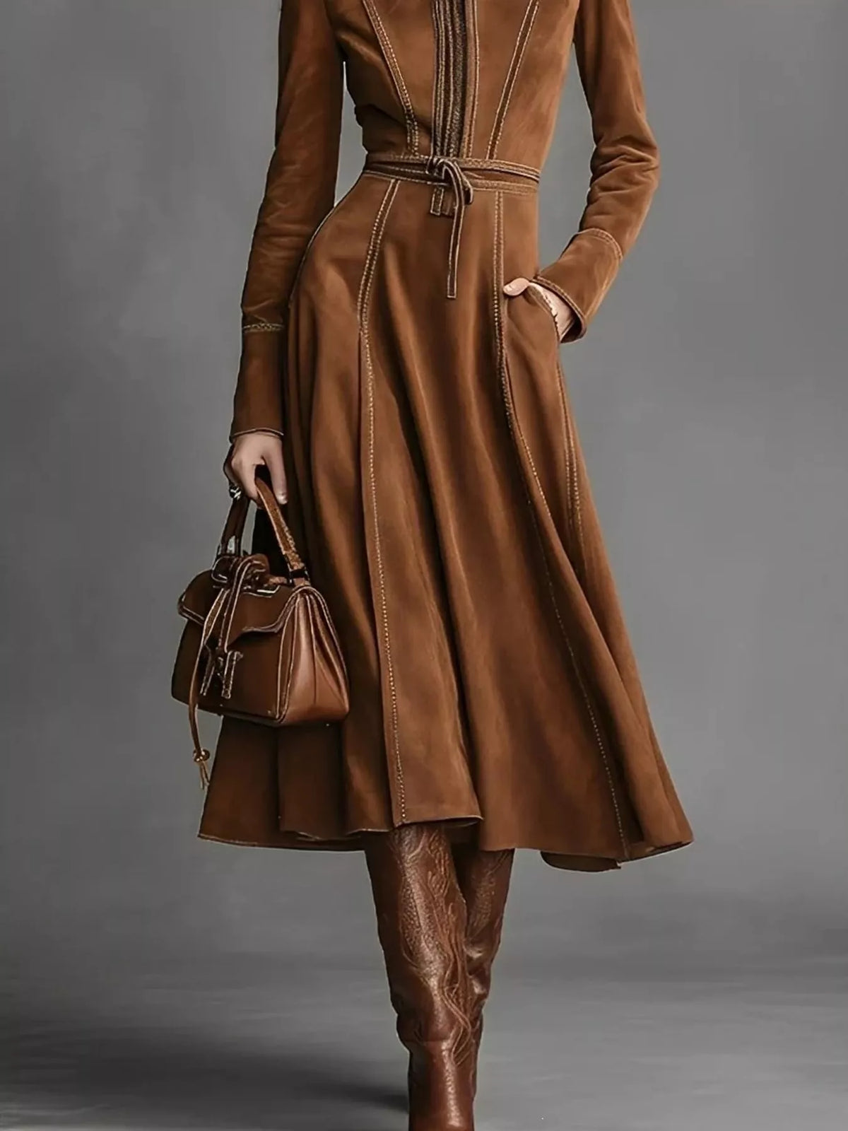 Brown zipper front midi dress, front view