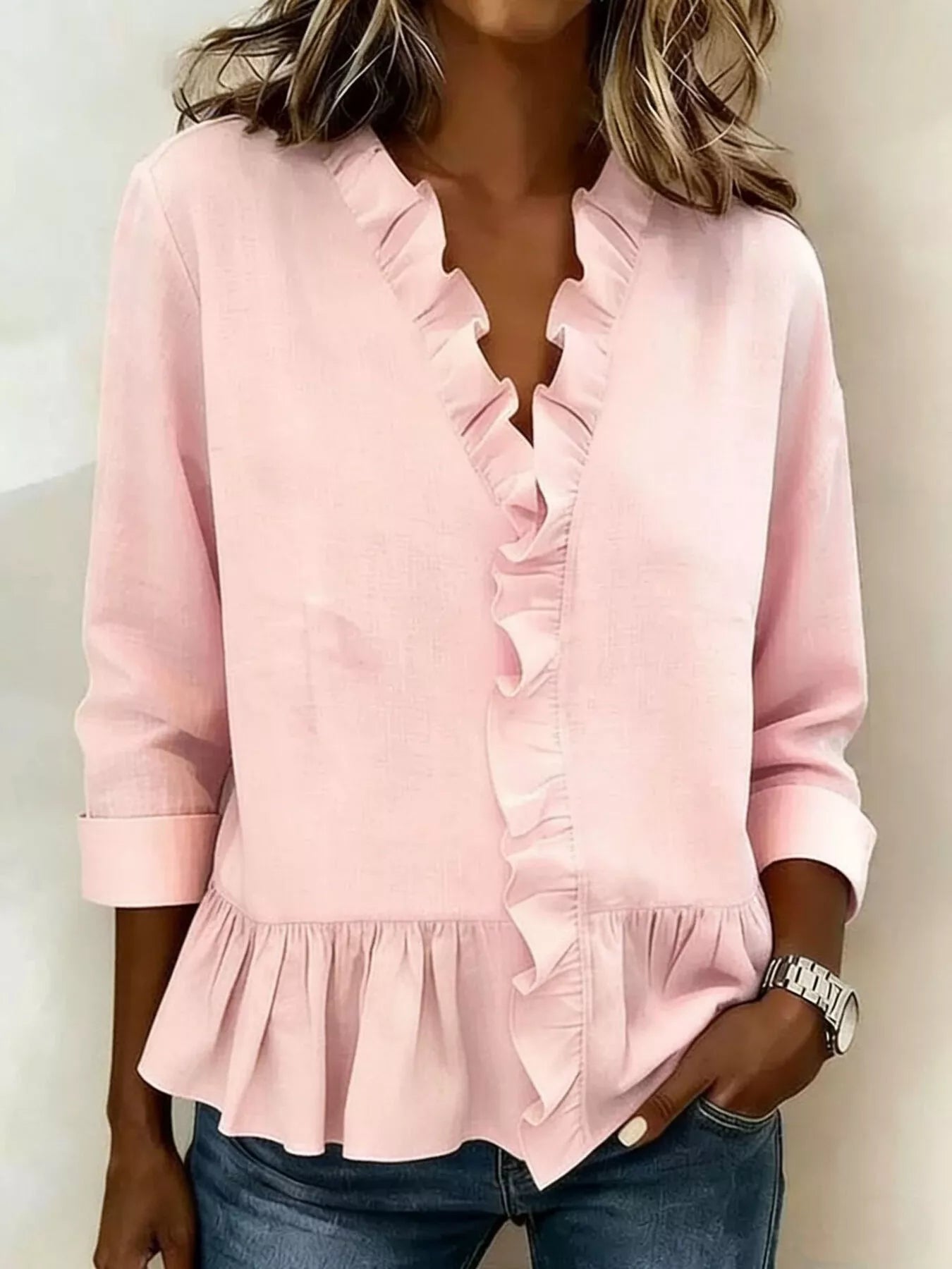 Trendsi Full Size Ruffled V-Neck Long Sleeve Blouse Plus Size -
