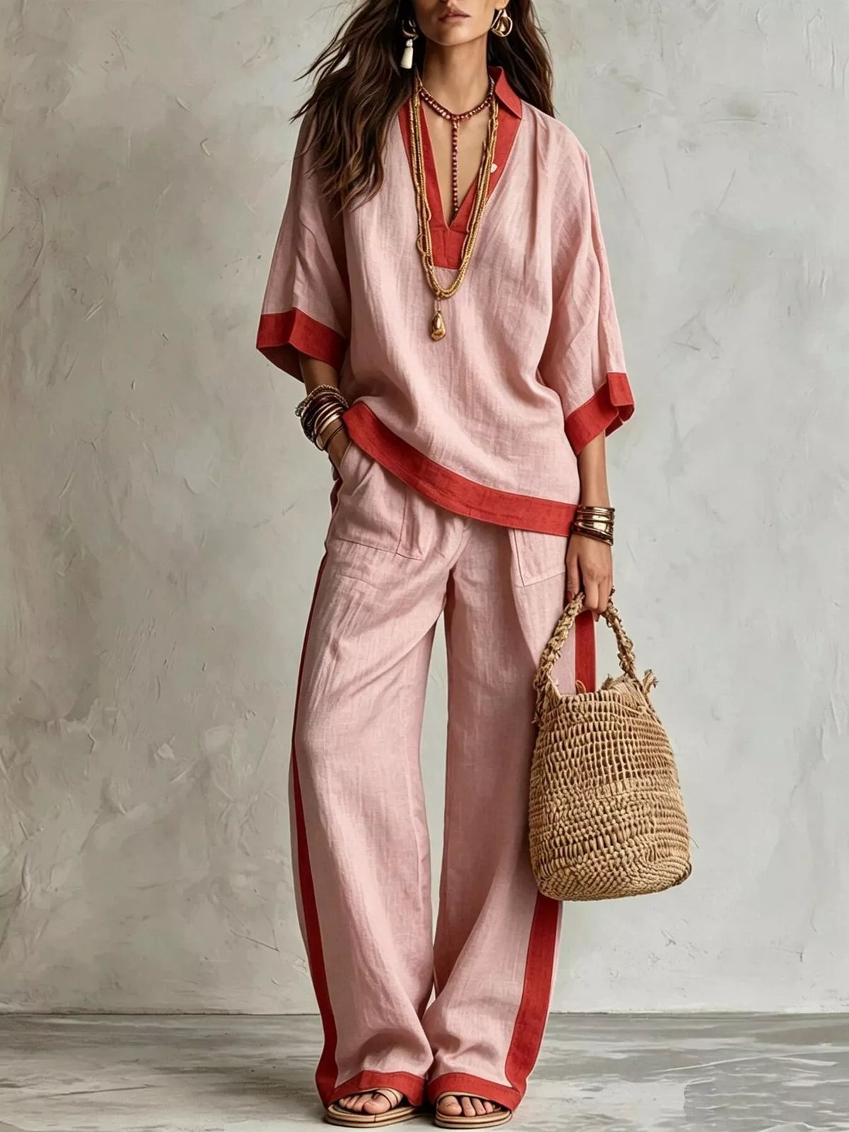 Contrast Trim Top and Wide Leg Pants Set in pink, front view