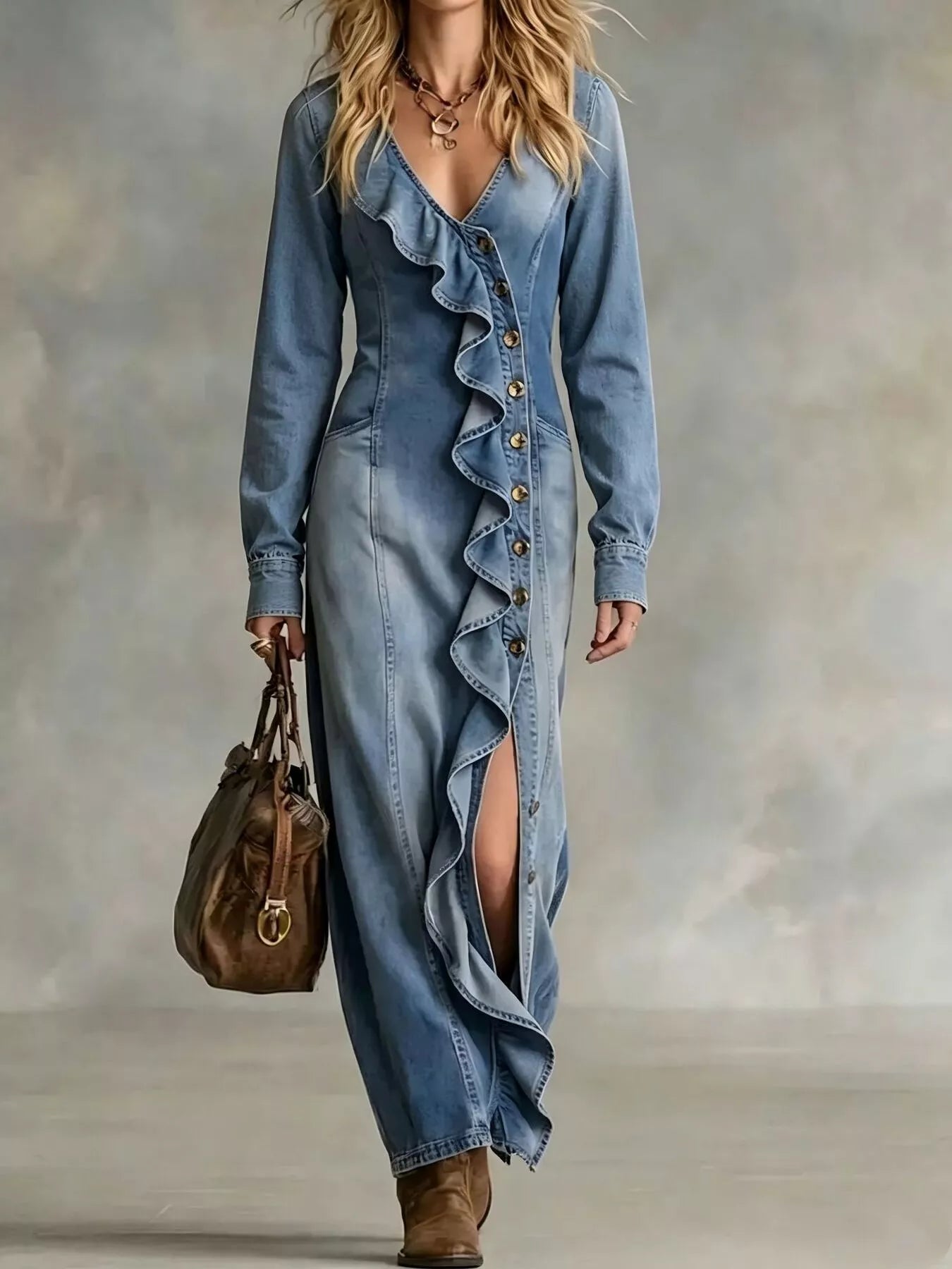 Trendsi Ruffled V-Neck Denim Maxi Dress -