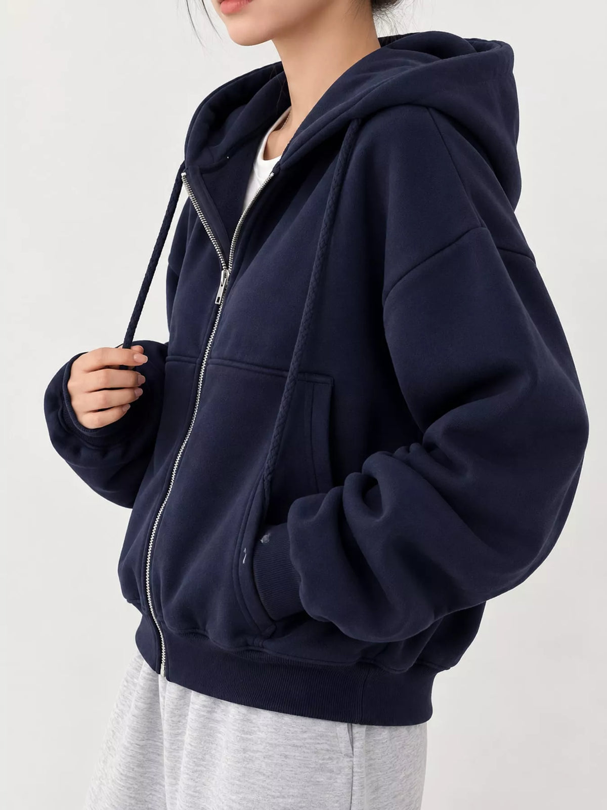 Navy oversized zip-up cropped hoodie