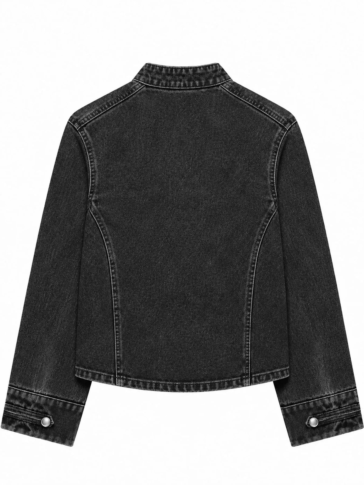 Gray decorative button cropped denim jacket, back view