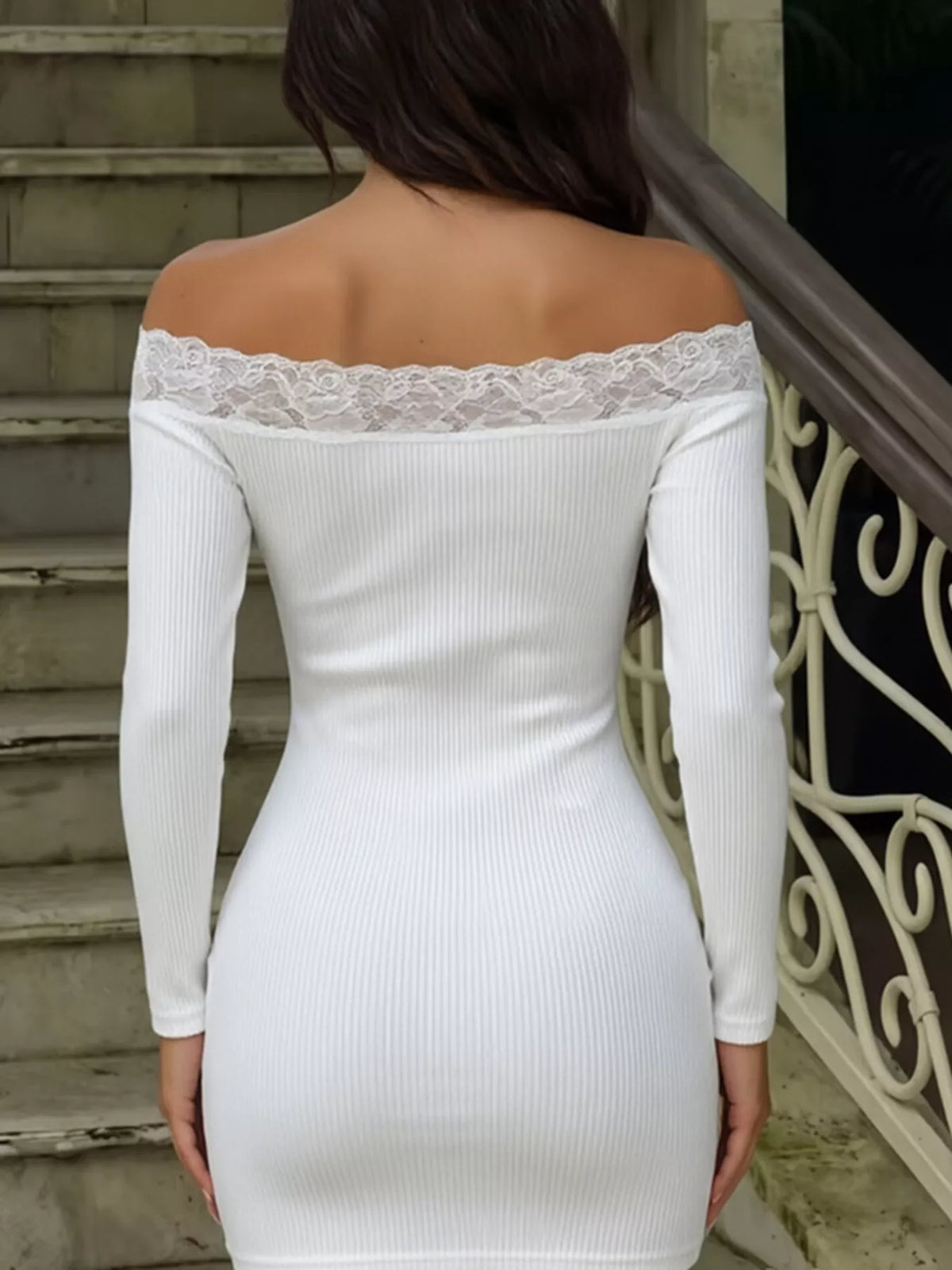 Lace Trim Off-Shoulder Bodycon Mini Dress in white, back view