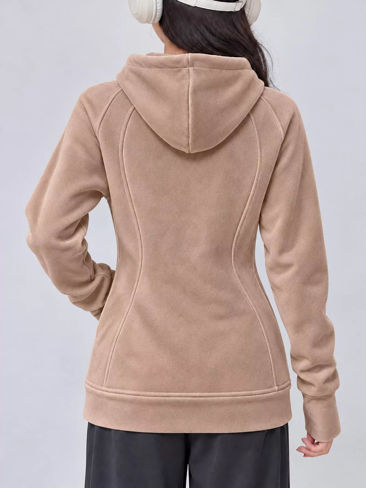 Slim-Fit Full-Zip Thumb Hole Long Sleeve Hoodie with Pockets — back view