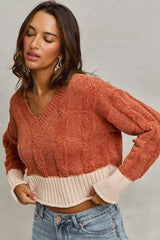 Trendsi SO ME Chenille Cable Knit V Neck Contrast Cropped Sweater -
