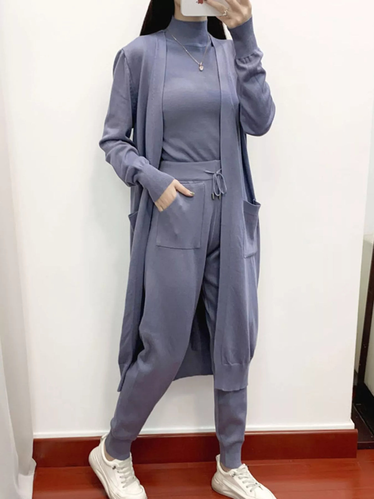 Sleeveless Top and Drawstring Joggers Sweater Set with Long Cardigan — front view