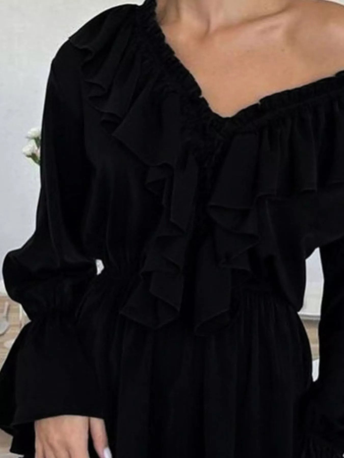 Trendsi Ruffled V-Neck Long Sleeve Mini Dress -