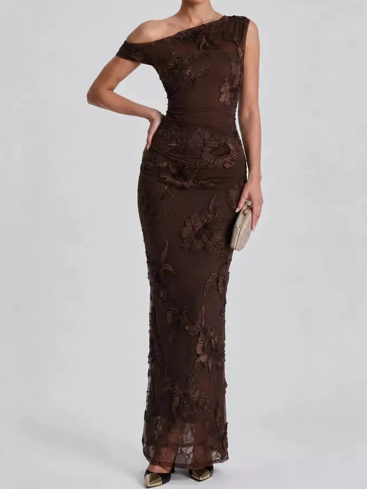 Brown floral one-shoulder maxi dress, angled front view
