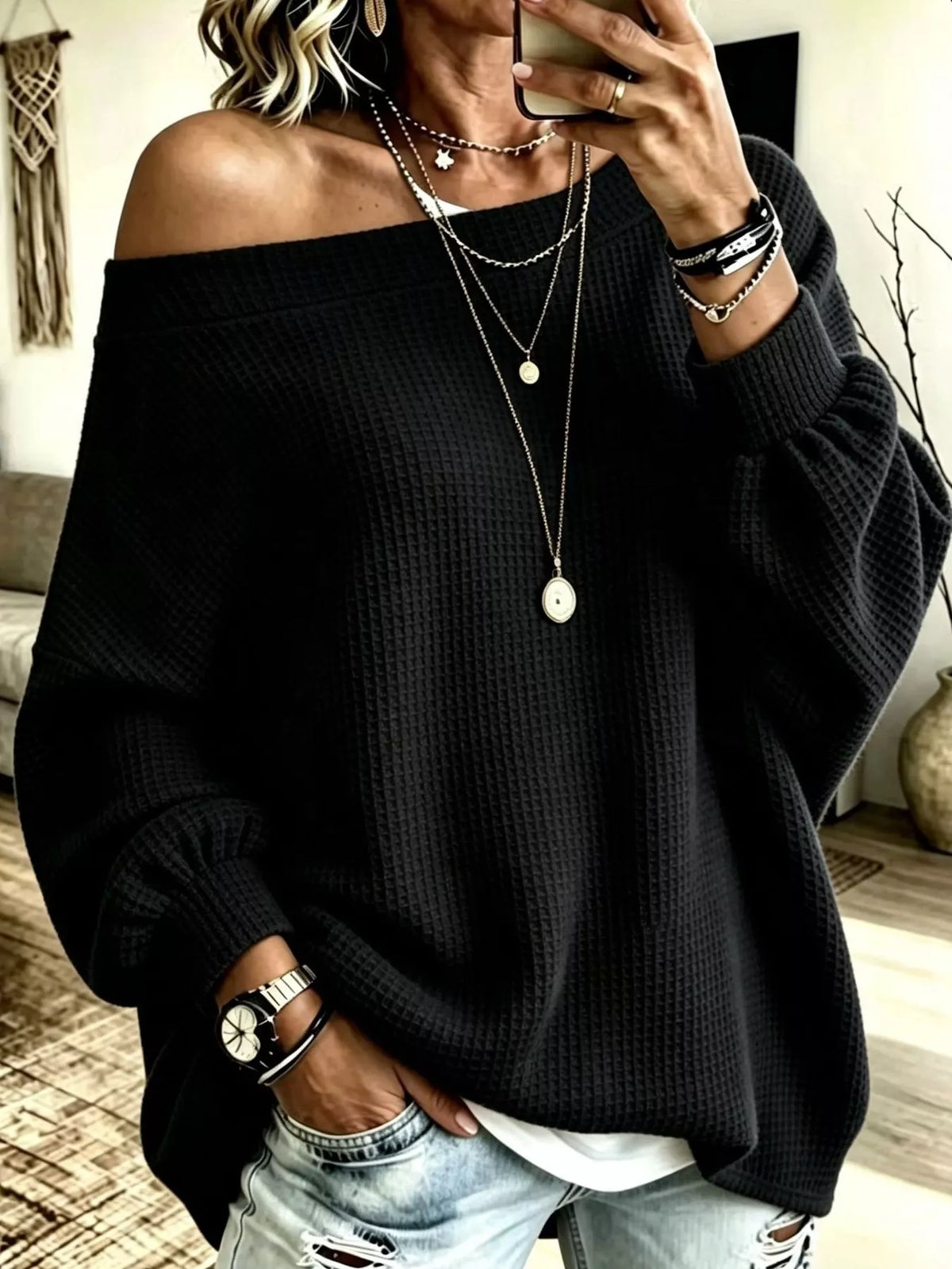Women's Waffle Knit Boat Neck Sweatshirt in black — front view