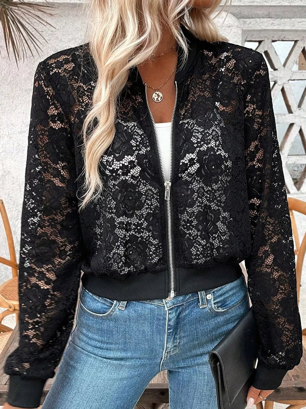 Black sheer lace zip-up jacket
