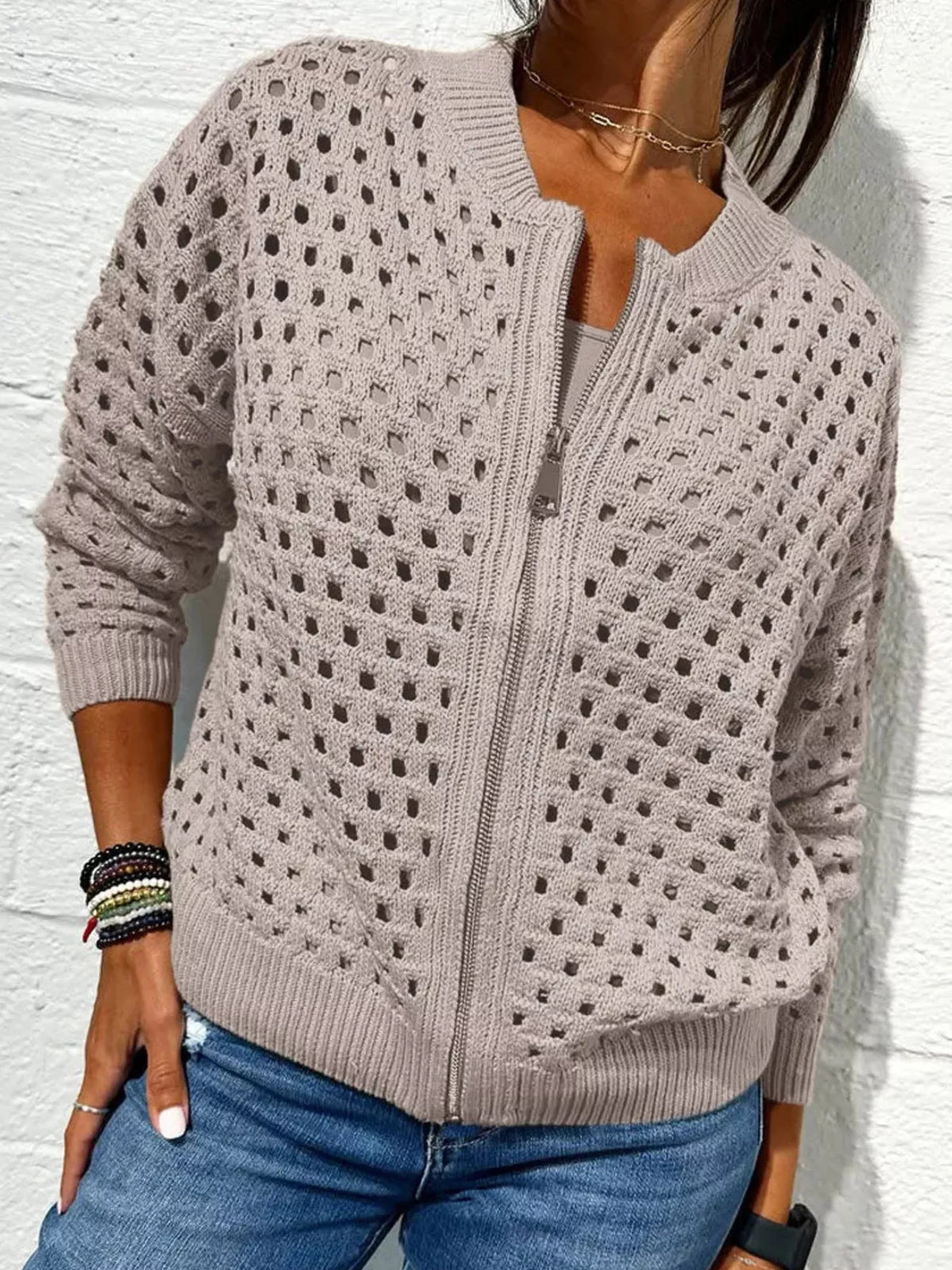 Trendsi Full Size Crochet Knit Zip-Up Cardigan Plus Size -