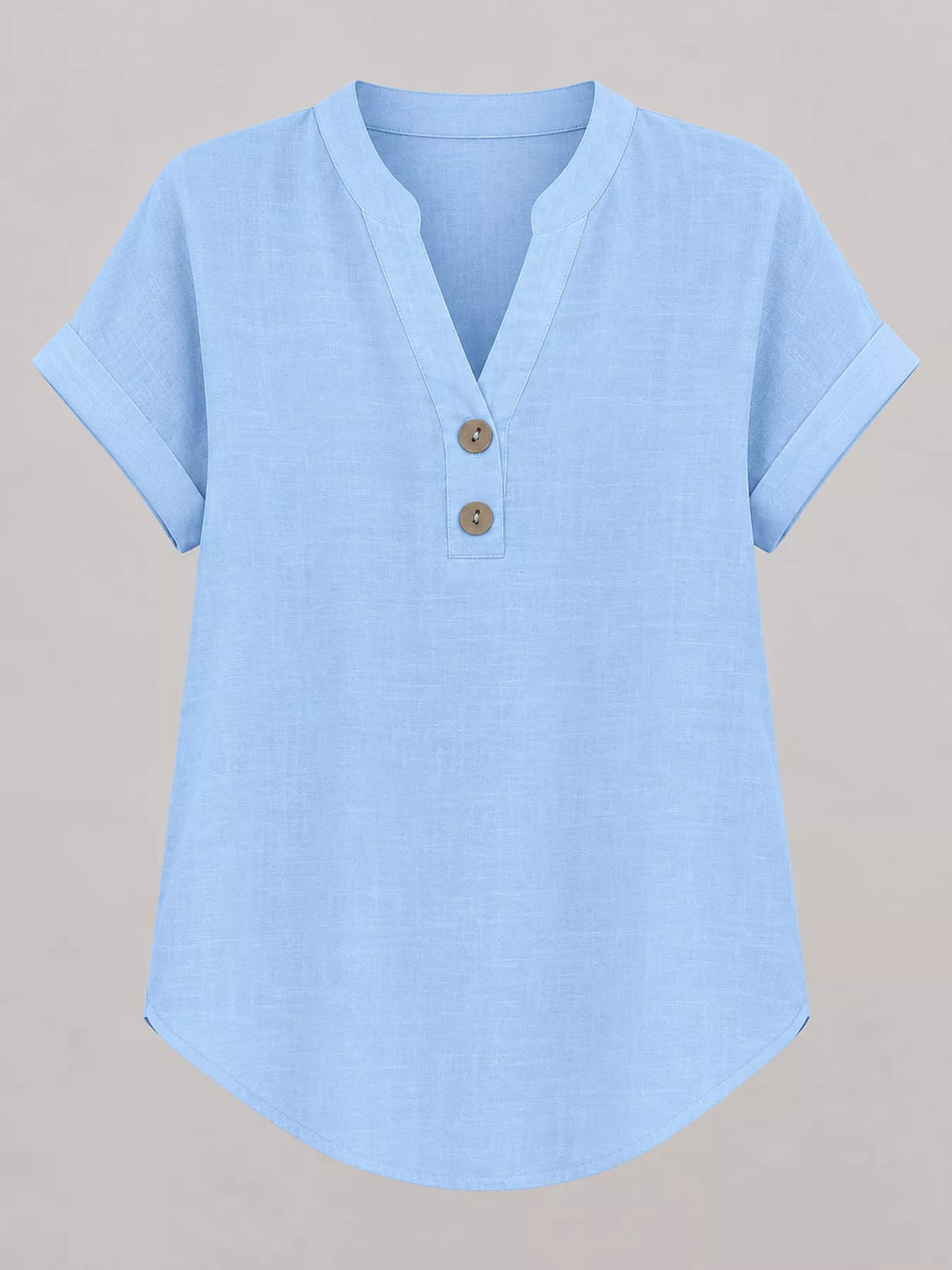 Light blue button detail short sleeve blouse, front view