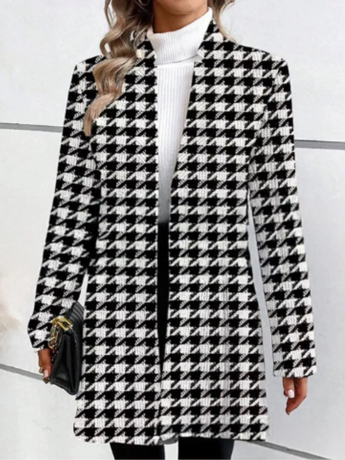 Women's Patterned Notched Lapel Longline Coat in black and white houndstooth — front view