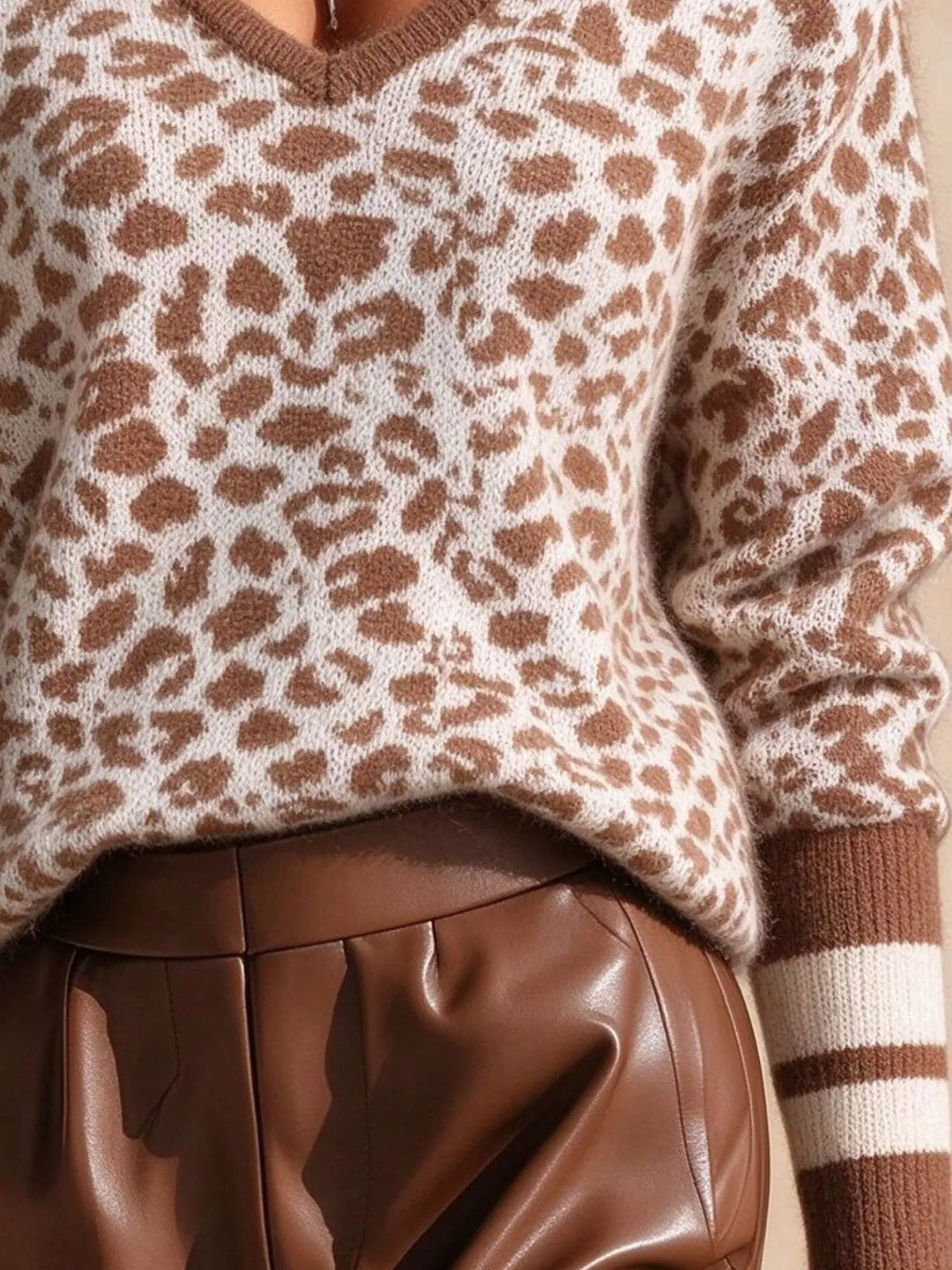 Women's Leopard V-Neck Sweater with Striped Cuffs in brown leopard — cuff detail view