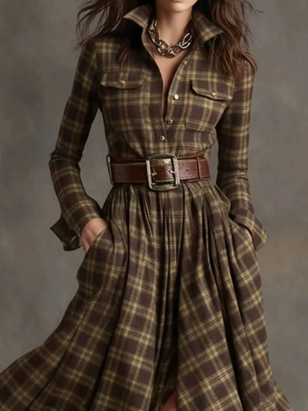 Vintage Plaid Button-Down Maxi Shirt Dress in brown
