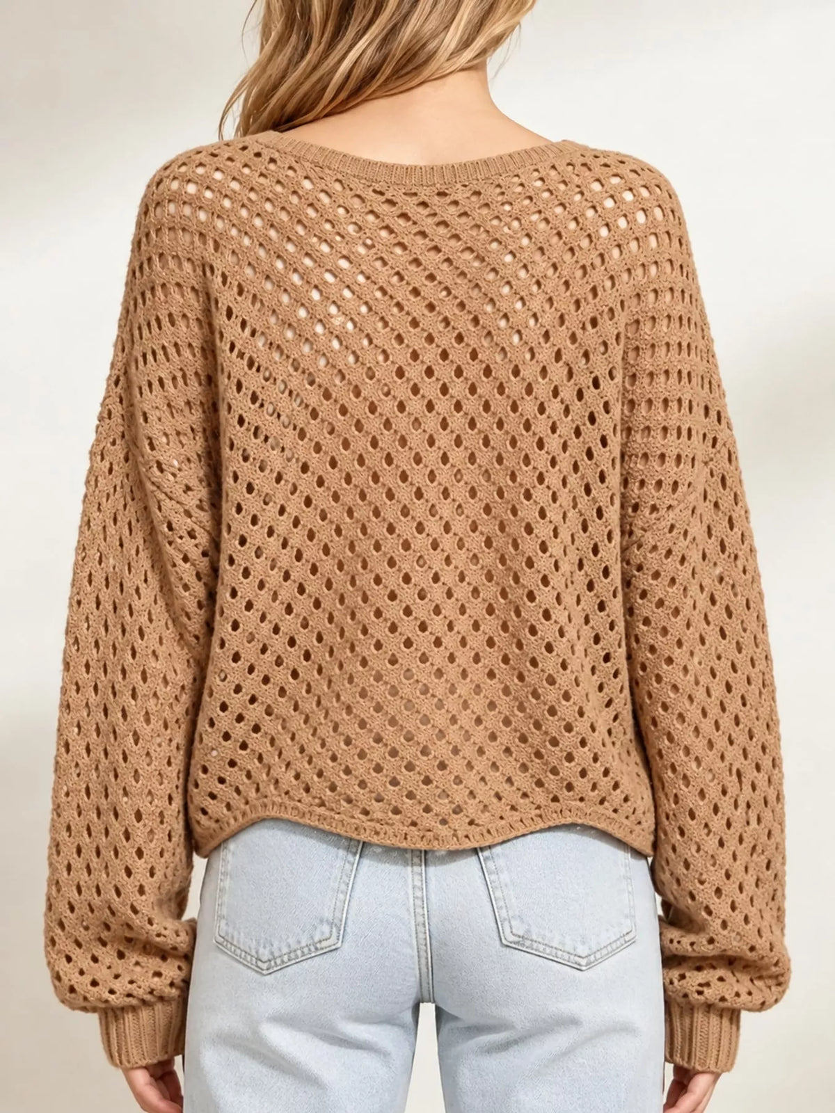 Camel openwork boat neck knit cover-up, back view