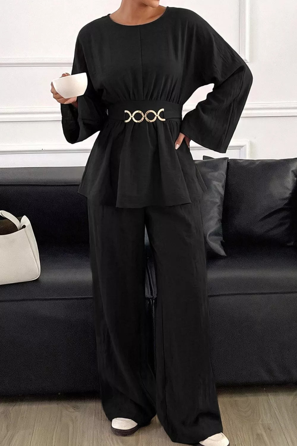 Black chain-waist top and pants set