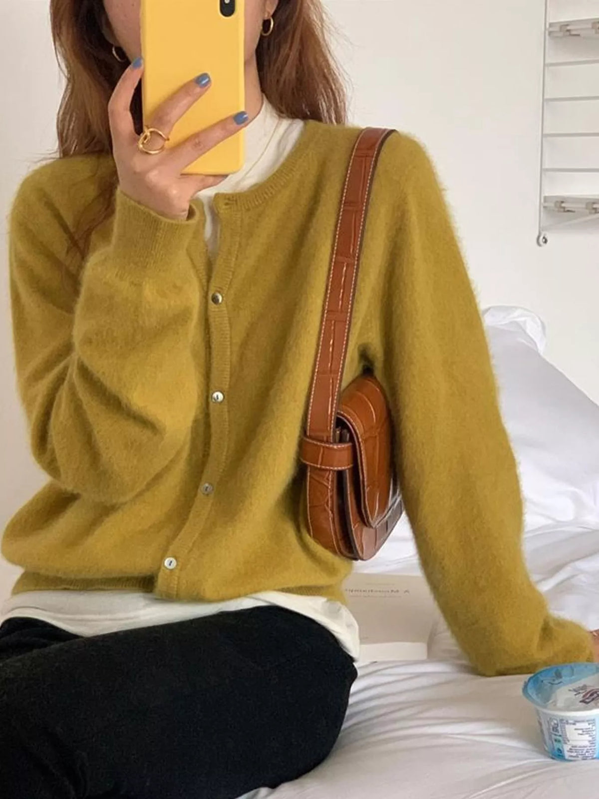 Women's Crew Neck Button-Down Knit Cardigan in mustard — front view