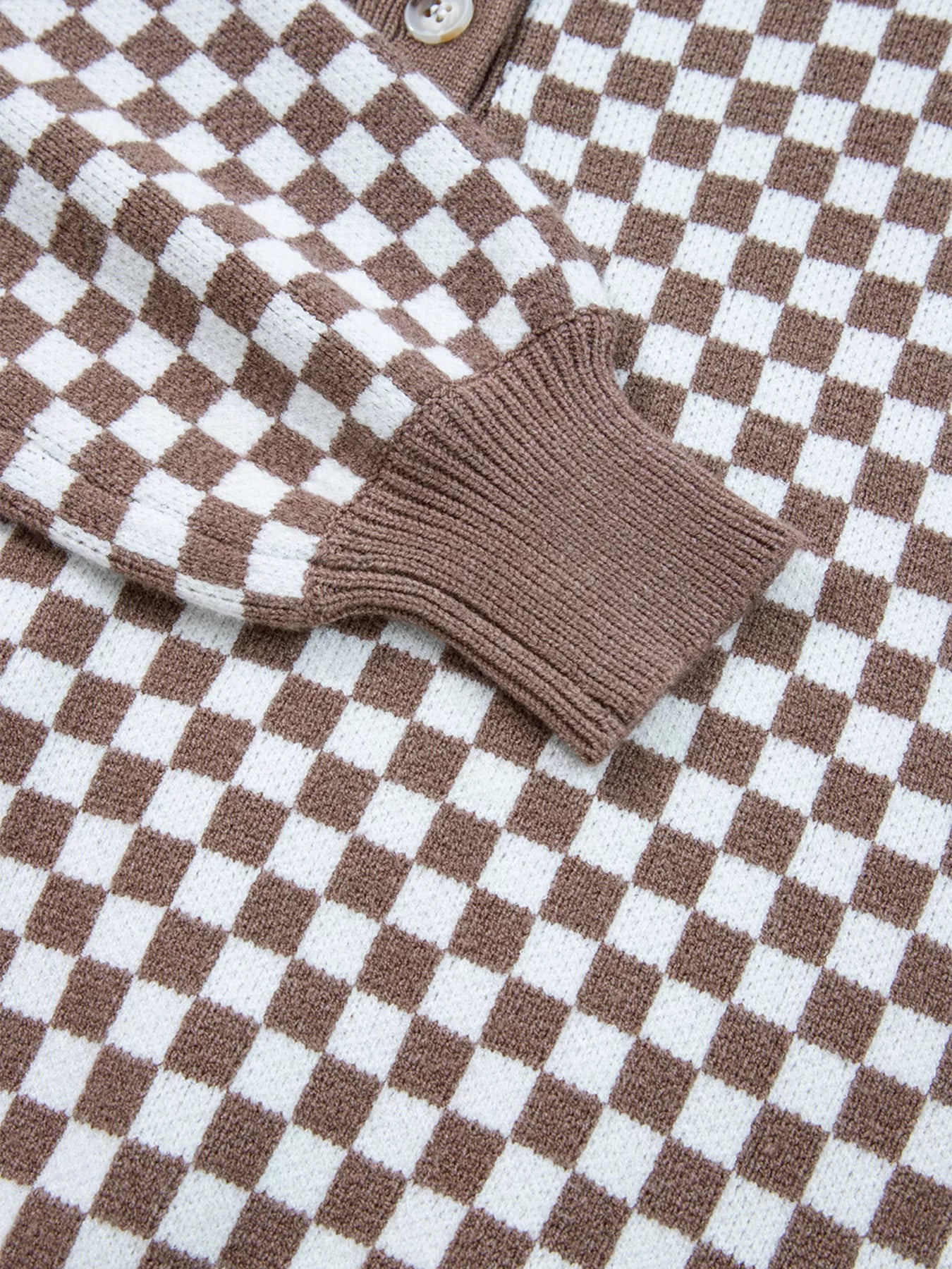 Trendsi Half Button Ribbed Trim Checkerboard Knit Sweater -
