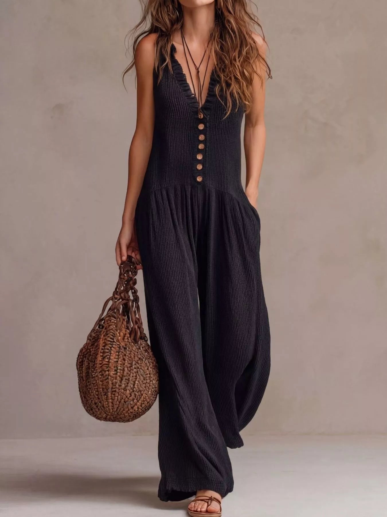 Trendsi V-Neck Sleeveless Wide Leg Jumpsuit -