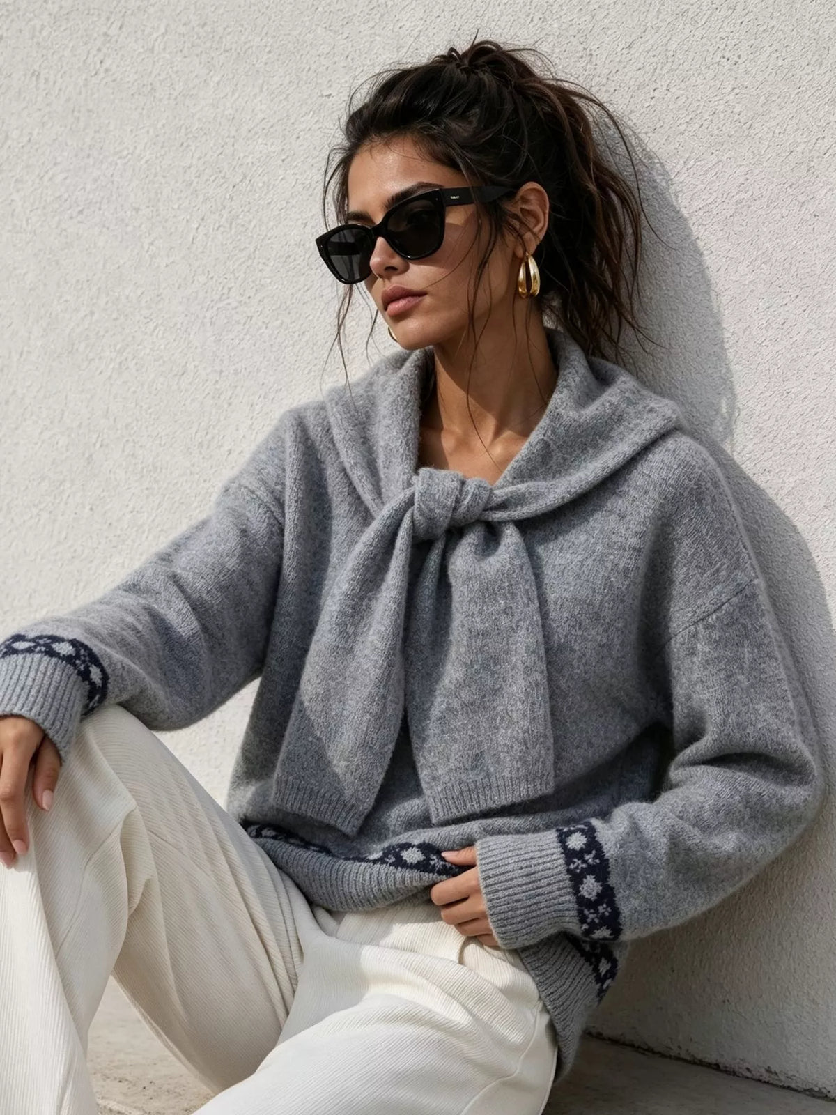 Gray scarf-detail dropped-shoulder sweater, seated front view.