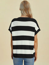 Trendsi Double Take Full Size Striped V-Neck Short Sleeve Sweater - Shirts